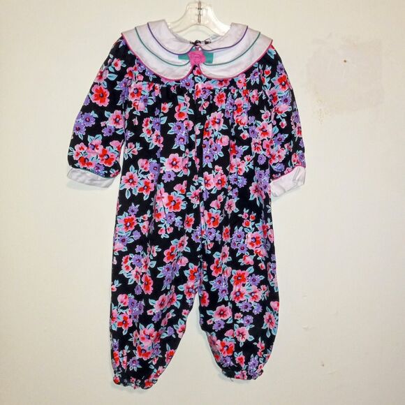 Vintage Tiny Tots Dark Floral Bubble Romper-Size 3T-Snap Crotch-3D Flower Collar - Picture 1 of 10